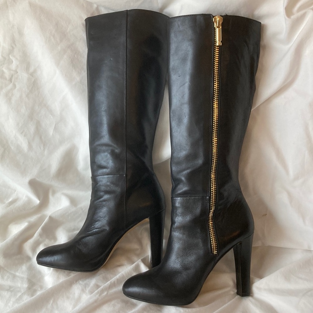 Banana Republic Black Leather High-Heel Knee Boots with Gold Zip